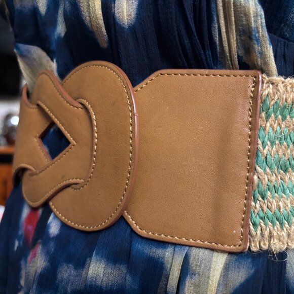 New LAUREN Ralph Tan Leather Crochet Stretch Wide Striped Belt Leather Buckle main image 4